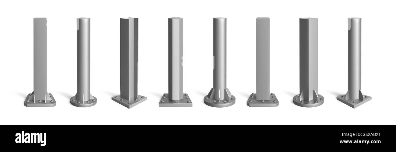 Stahlsäule. Metallstange. Eisenrohr oder vertikale Stabsäule für Baupfosten. Markt für Industriedesign. Architektur 3D-Ständer mit Aluminiumschrauben. Halter für Reklametafeln. Vektor-isolierte Wegweiser festgelegt Stock Vektor