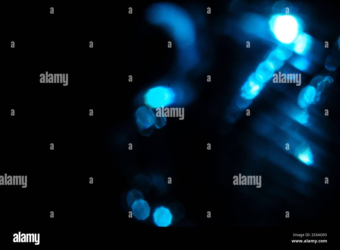 Kaltblau leuchtet Bokeh auf schwarzem Hintergrund. Abstrakte Lichter. Stockfoto