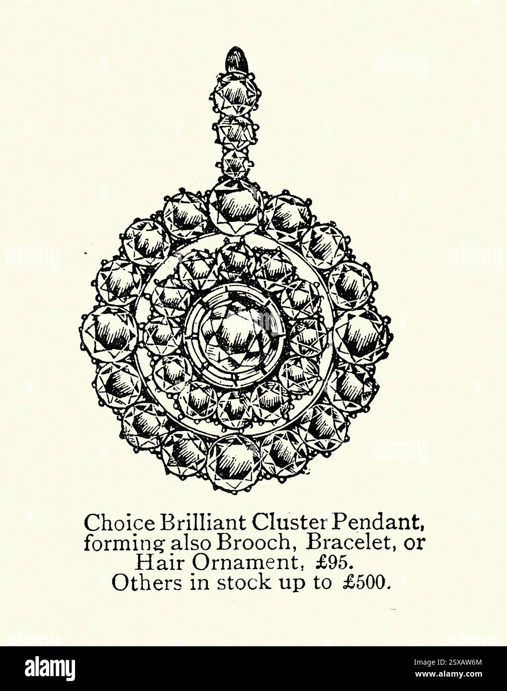 Brillante Cluster-Pendantor-Brosche, Armschmuck oder Haarschmuck, viktorianische Schmuckgeschichte, Vintage-Illustration, 1890er Jahre, 19. Jahrhundert Stockfoto