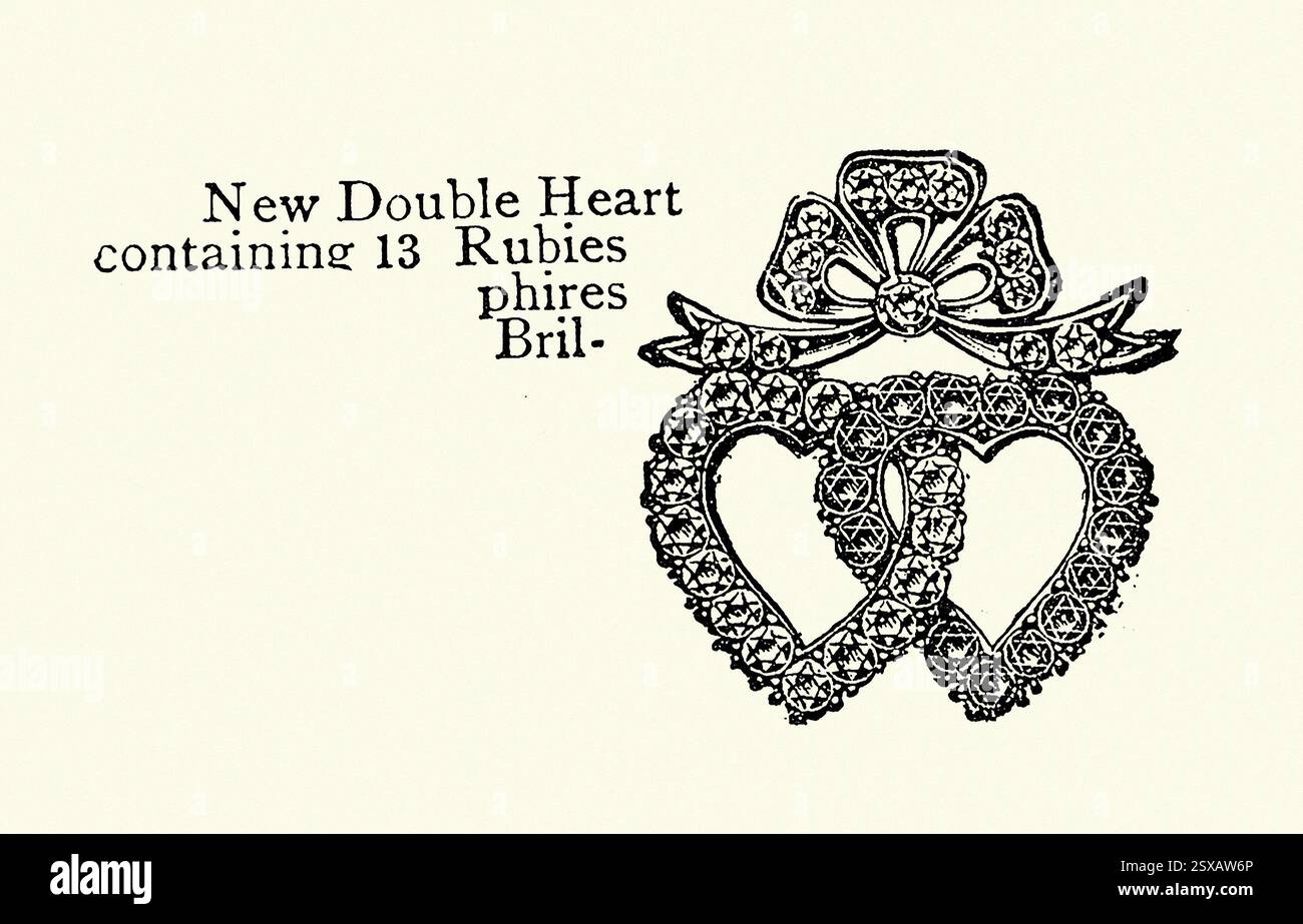 Rubinbrosche mit Doppelherz, viktorianische Schmuckgeschichte, Vintage-Illustration, 1890er Jahre, 19. Jahrhundert Stockfoto