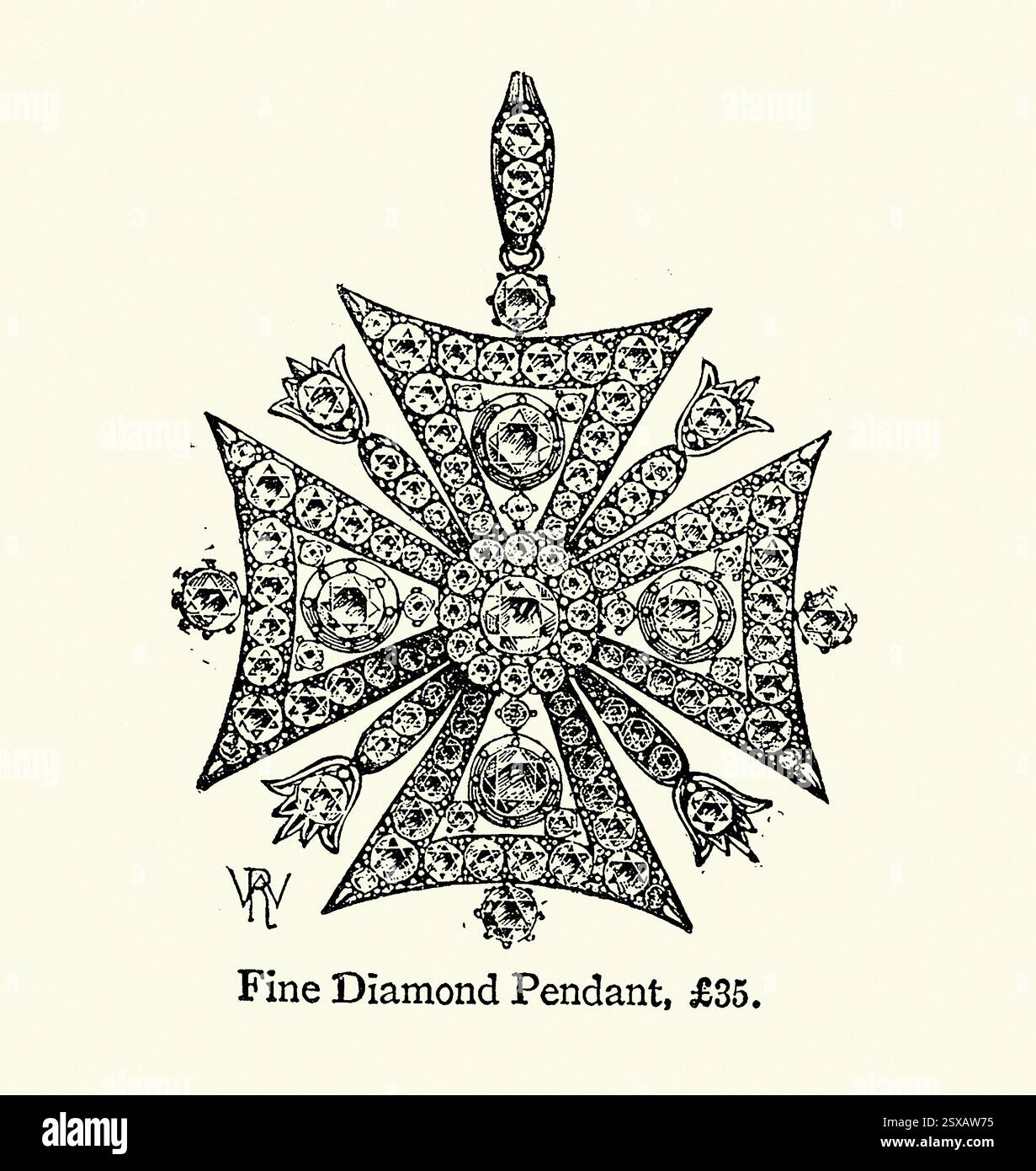 Kreuzförmiger Diamant-Anhänger, viktorianische Schmuckgeschichte, Vintage-Illustration, 1890er Jahre, 19. Jahrhundert Stockfoto