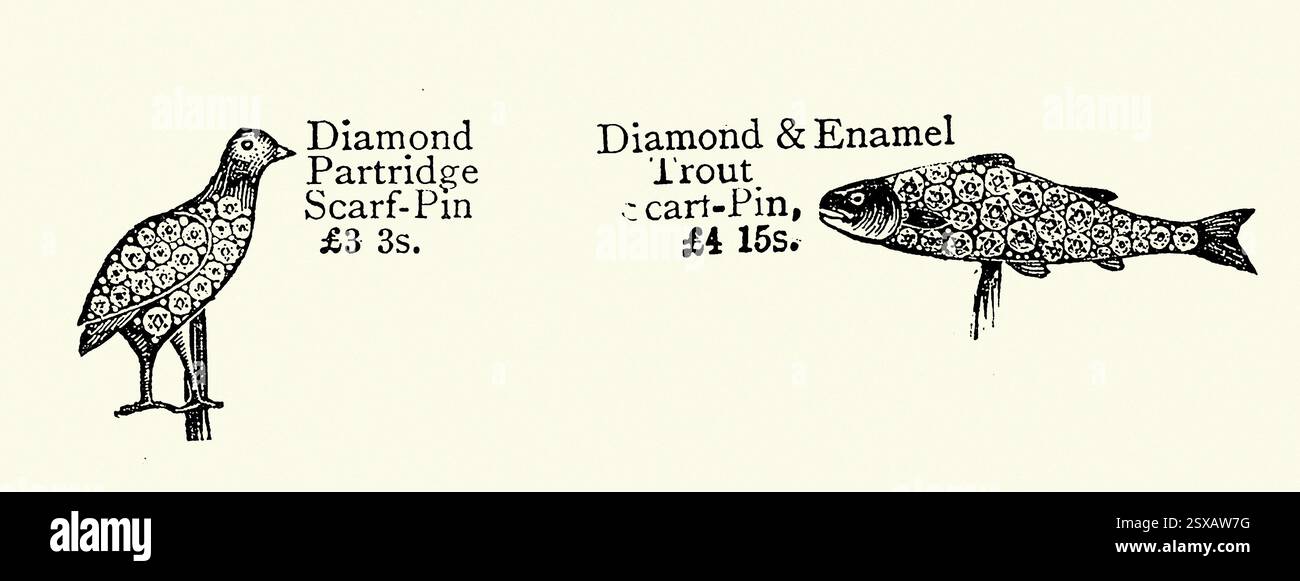 Diamant Rebhühner und Forellen Schal Nadeln, viktorianische Schmuckgeschichte, Vintage Illustration, 1890er Jahre, 19. Jahrhundert Stockfoto