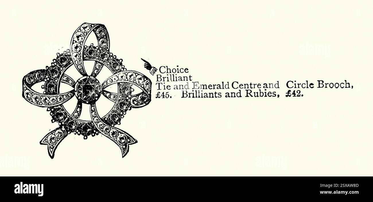 Krawatte und Smaragdmitte und Kreisbrosche, viktorianische Schmuckgeschichte, Vintage-Illustration, 1890er Jahre, 19. Jahrhundert Stockfoto