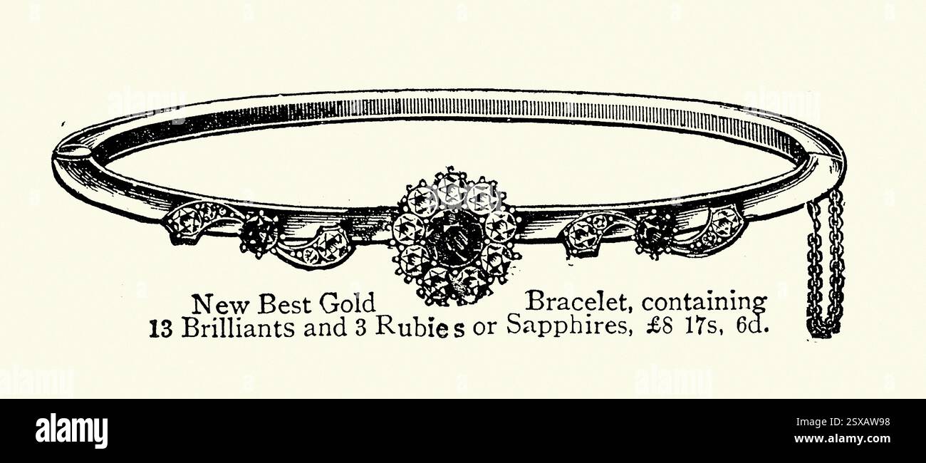Gold, Rubin, Saphir Armband viktorianische Schmuckgeschichte, Vintage Illustration, 1890er Jahre, 19. Jahrhundert Stockfoto