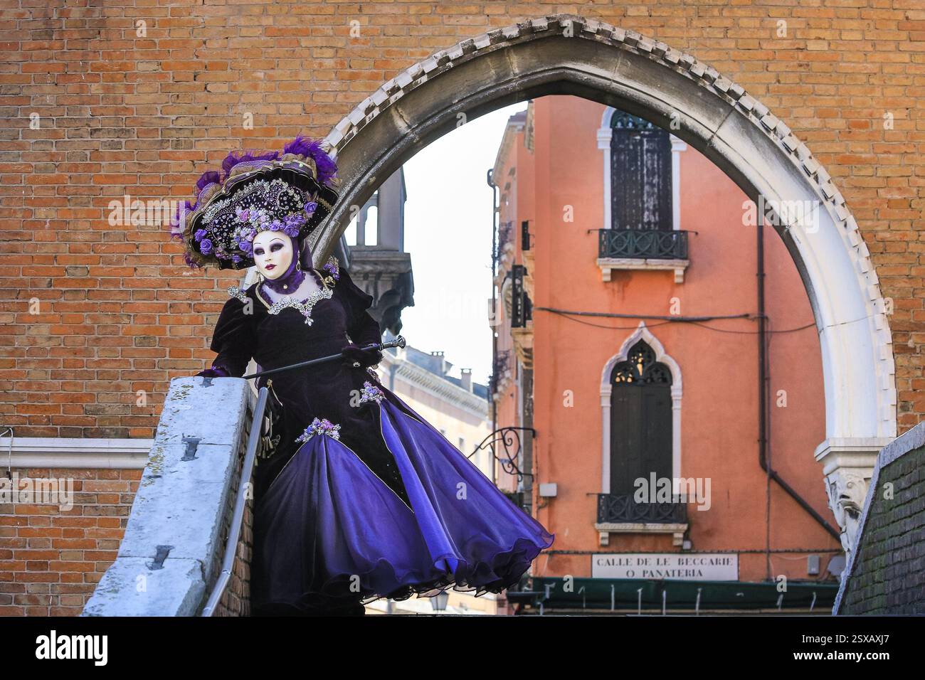 Karneval in Venedig, weiblich verkleidet in historischem Kostüm und Hut mit Maske, posiert, Venezia, Italien Stockfoto