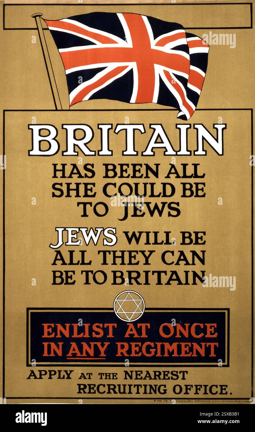 Das Rekrutierungsplakat, um jüdische Männer in die britische Armee einzubinden, Großbritannien war alles, was sie für Juden sein konnte. Juden werden alles sein, was sie in Großbritannien sein können. Melde dich sofort in jedes Regiment ein. Bewerben Sie sich beim nächstgelegenen Rekrutierungsbüro 1915 Poster mit der britischen Flagge und dem Magen David. Stockfoto