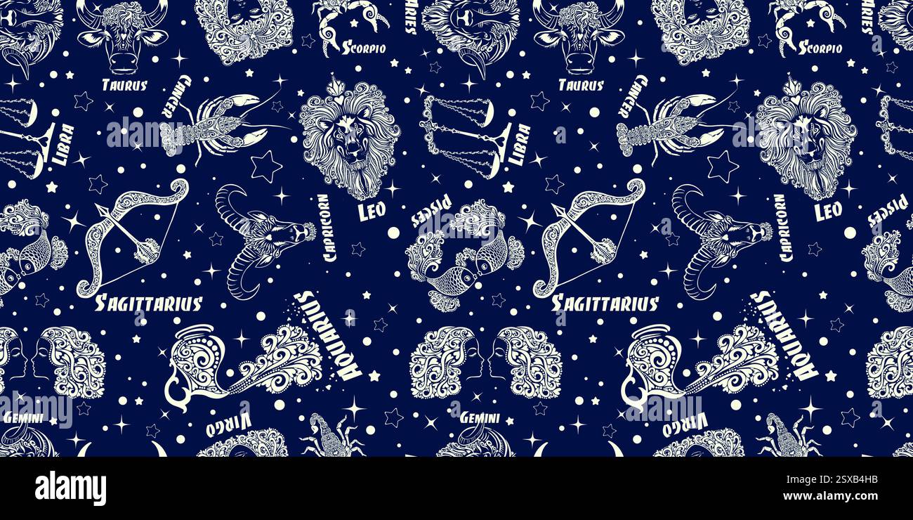 Sternbilder Sternzeichen und Sterne nahtlose Vektormuster Hintergrund. Nicht KI, Stock Vektor
