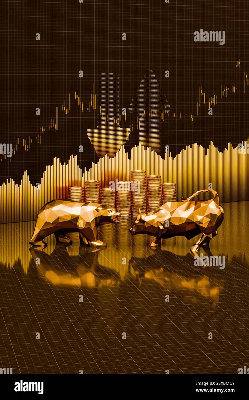 Stier und Bär in Gold vor Balkendiagramm, Kerzendiagramm, Halbtonpfeilen und Münzstapeln - Hintergrund ist ein Skalenpapier. Konzept für Lagerbestand Stockfoto
