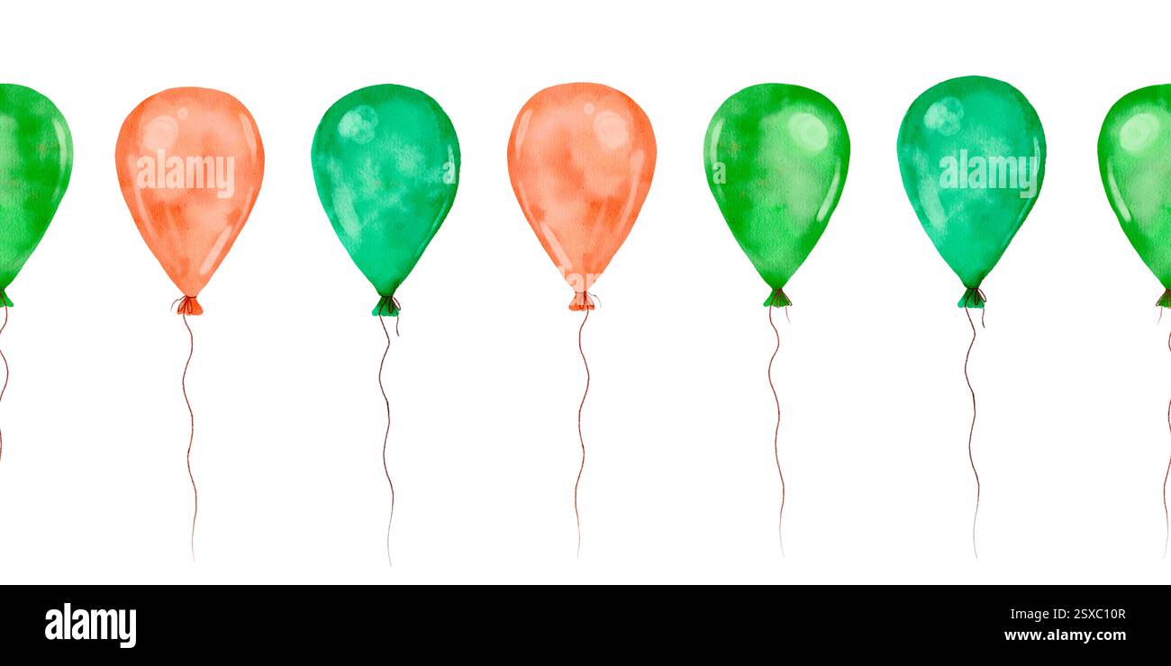 Eine farbenfrohe Kollektion von orangefarbenen und grünen Ballons, die perfekt für Partys und festliche Anlässe sind. Nahtloser horizontaler Rand mit Aquarellfarben auf weißem Hintergrund zur Erstellung von Urlaubsprodukten. Stockfoto