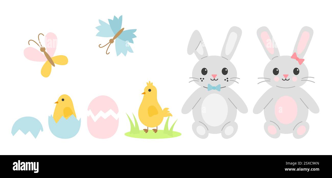Flacher Cartoon mit Osterelementen, zwei graue Häschen, gelbe Küken, Schmetterlinge und zerbrochene Eier. Pastellfarben, süßes Urlaubs- und Frühlingsdesign für Dekoration und Clipart-Set Stock Vektor