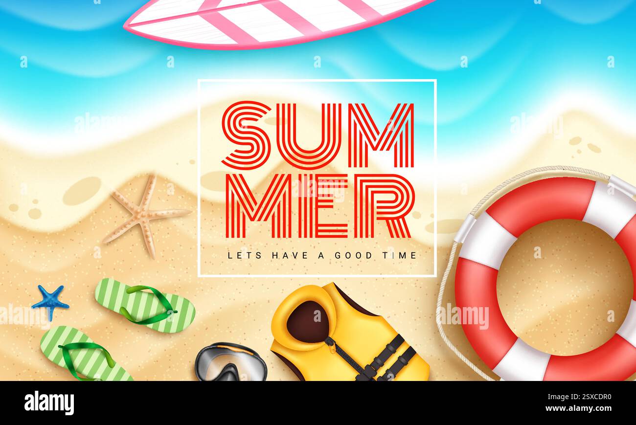 Sommer Strand Vektor Hintergrund Design. Typografie-Text im Sommer im Sandstrand mit lebendigen Elementen, Weste und Flip-Flops für den Urlaub im Freien Stock Vektor