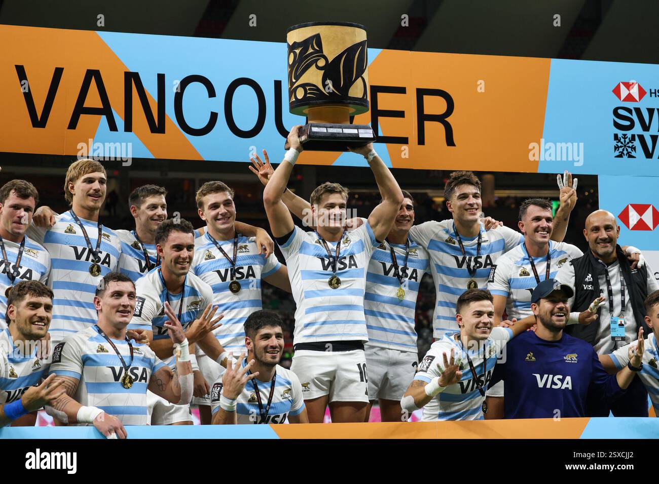 Vancouver, Kanada. Februar 2025. VANCOUVER, BC - 23. FEBRUAR: World Rugby Sevens Series Final Spiel Männer Spiel zwischen Argentinien (Sieger) und Südafrika im BC Place Stadium in Vancouver, Kanada, am 23. Februar {2025}. (Foto: Tomaz Jr/Pximages) Credit: PX Images/Alamy Live News Stockfoto