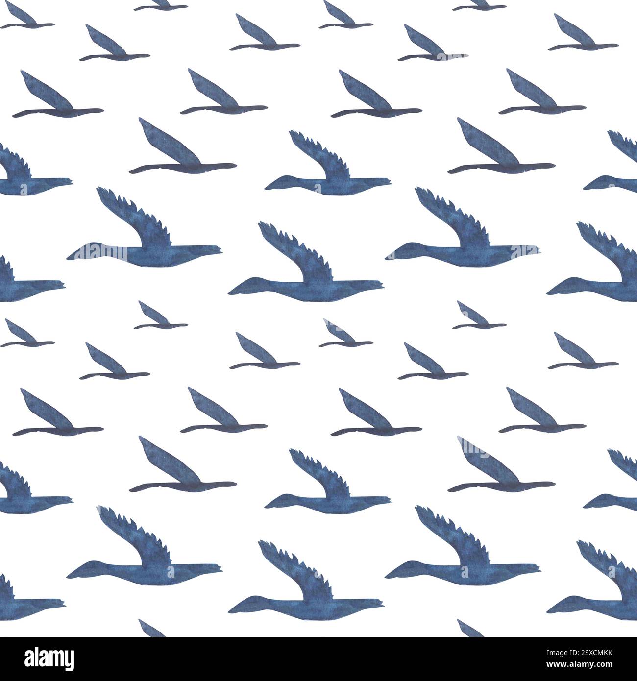 Fliegende Vögel, nahtloses Muster der Gees isoliert auf weiß. Hochwertiges handgezeichnetes Aquarell einfache flache Illustration für Landschaften, Scrapbooking Stockfoto