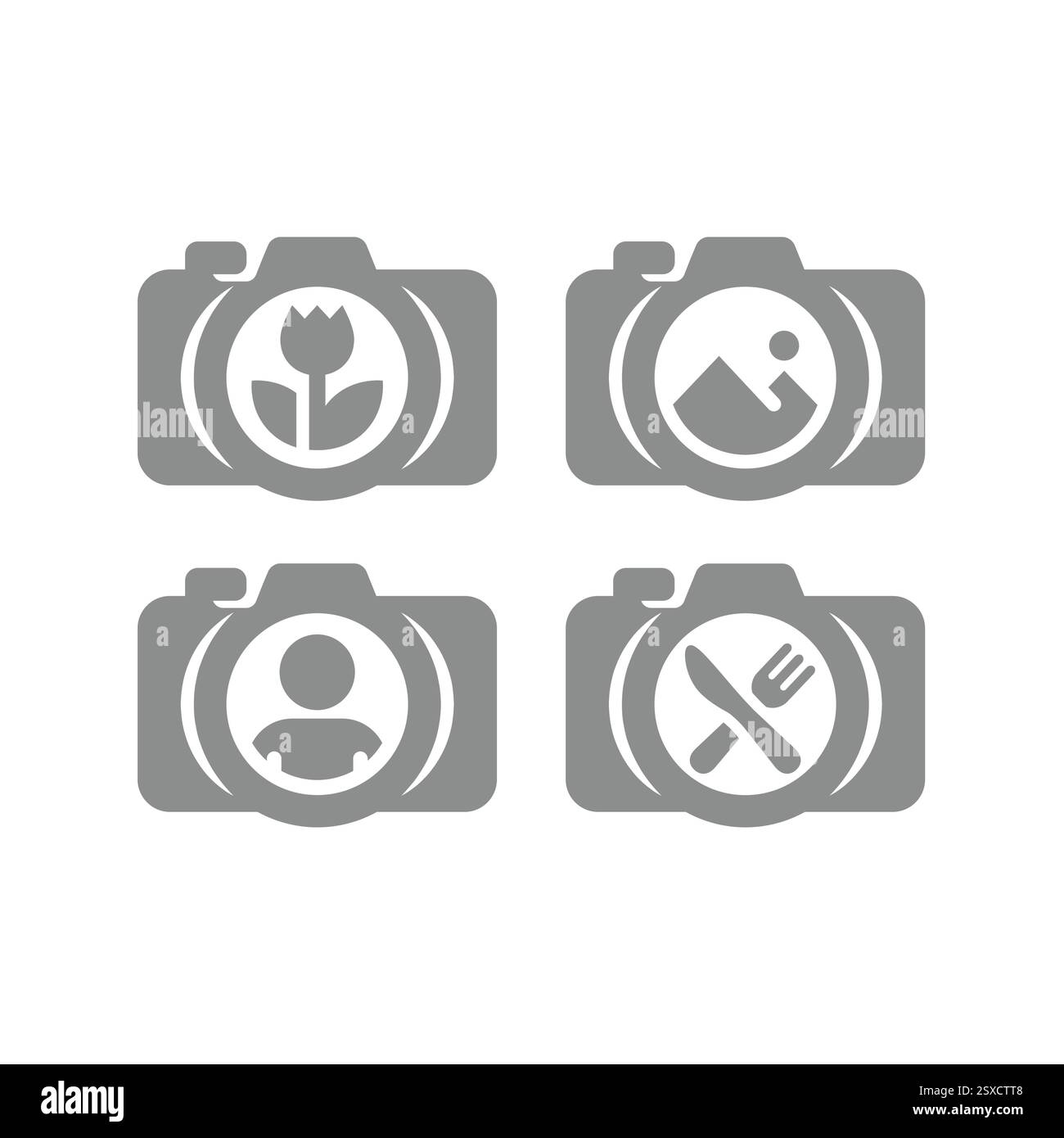 Ikonen für Lebensmittel und Landschaftsfotografie. Porträt- und Makrofotos, Vektorsymbolsatz der Fotokamera. Stock Vektor