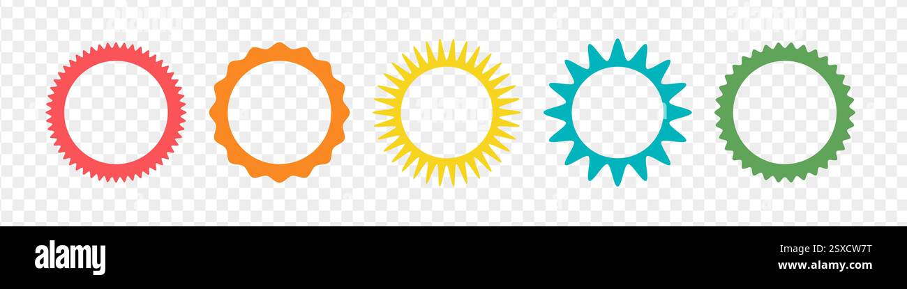 Farbenfroher gezackter Aufkleber oder Stempelset mit gewellten Kanten und leerer Stelle Stock Vektor