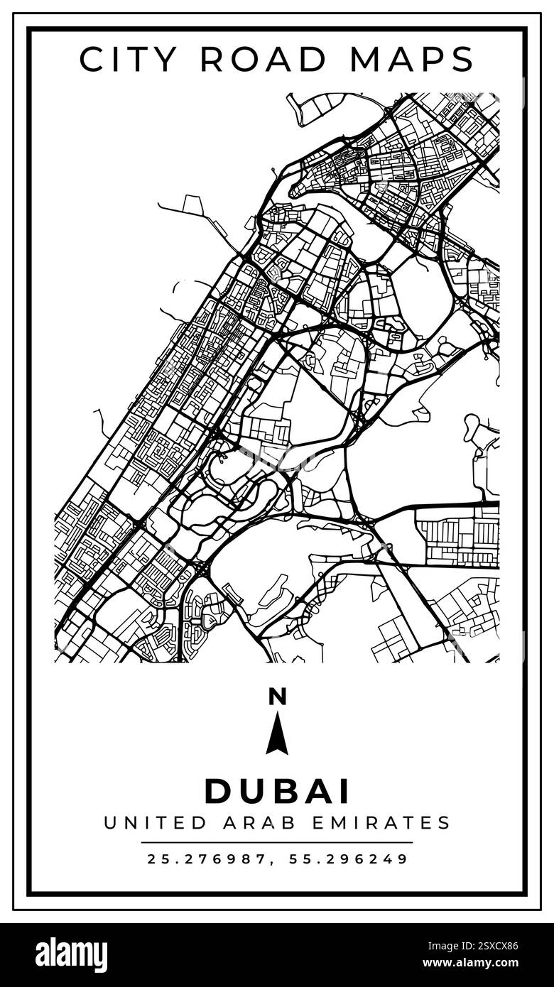 Schwarz-weiß druckbare Straßenkarte der Stadt Dubai Vereinigte Arabische Emirate Banner Poster Design mit Koordinatenposition Position, Vektorillustration Stock Vektor