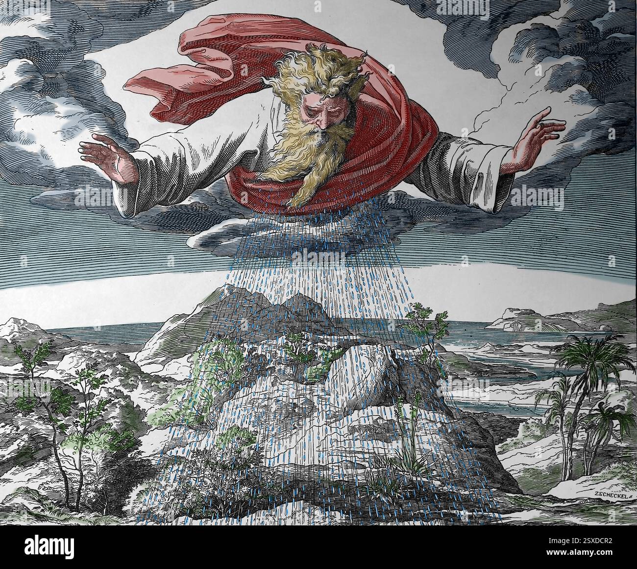 Altes Testament. "Der dritte Tag der Schöpfung". Trockenland, Meere, Pflanzen und Bäume wurden von Julius Schnorr von Carolsfeld illustriert. „Das Bild Stockfoto