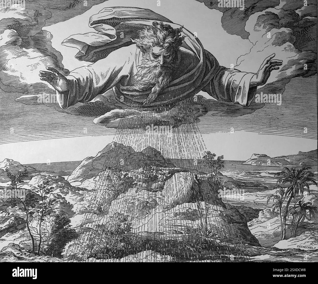 Altes Testament. "Der dritte Tag der Schöpfung". Trockenland, Meere, Pflanzen und Bäume wurden von Julius Schnorr von Carolsfeld illustriert. „Das Bild Stockfoto