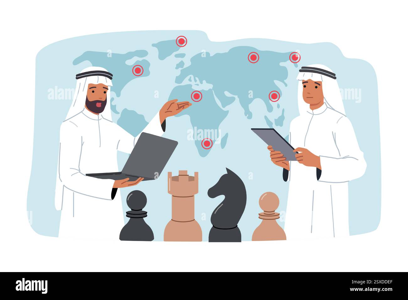 Arabische Geschäftsleute mit Laptops stehen in der Nähe von Weltkarten und Schachfiguren, die Lieferketten planen Stock Vektor