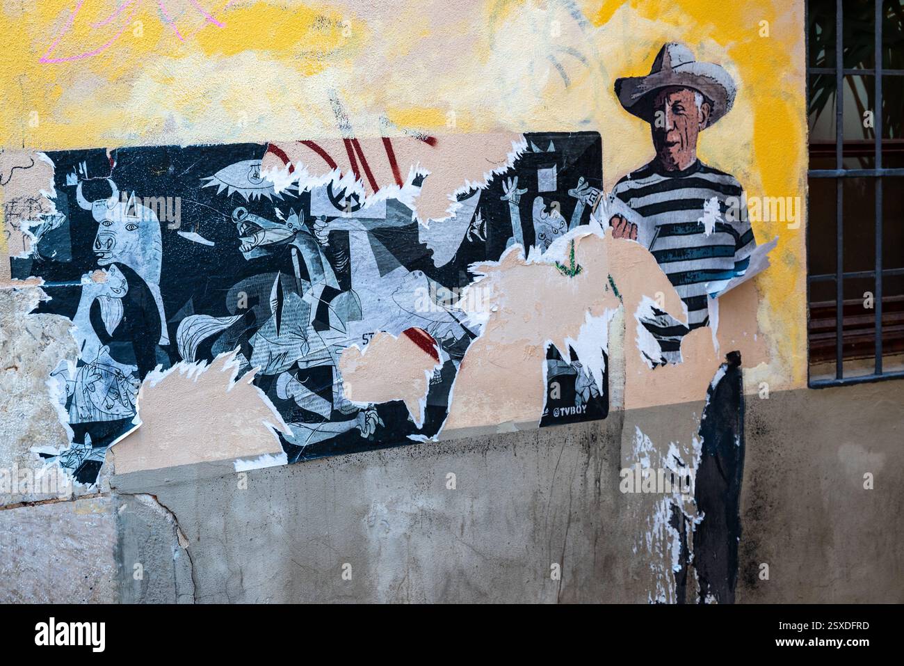 Malaga, Spanien 27. Dezember 2024 ein altes Wandbild und Plakat von Pablo Picasso in der Heimatstadt des Künstlers Stockfoto Malaga, Spanien 27. Dezember 2024 ein altes Wandbild und Plakat von Pablo Picasso in der Heimatstadt des Künstlers Stockfoto