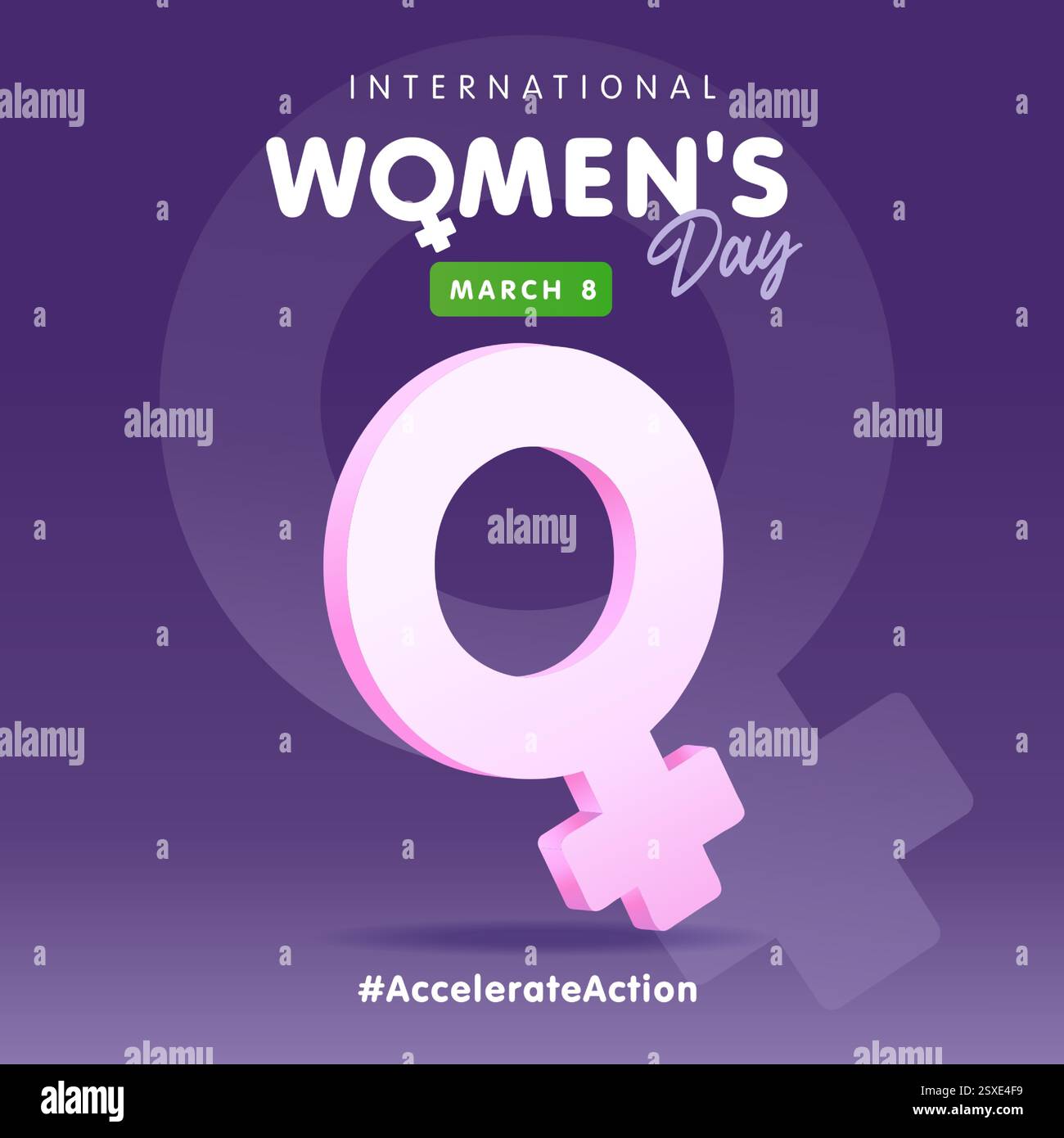 Internationales Frauentag-Banner mit 3D-Symbol für weibliche Geschlechter. Happy Women's Day, 8. März und Slogan Accelerate Action. Vektorabbildung Stock Vektor