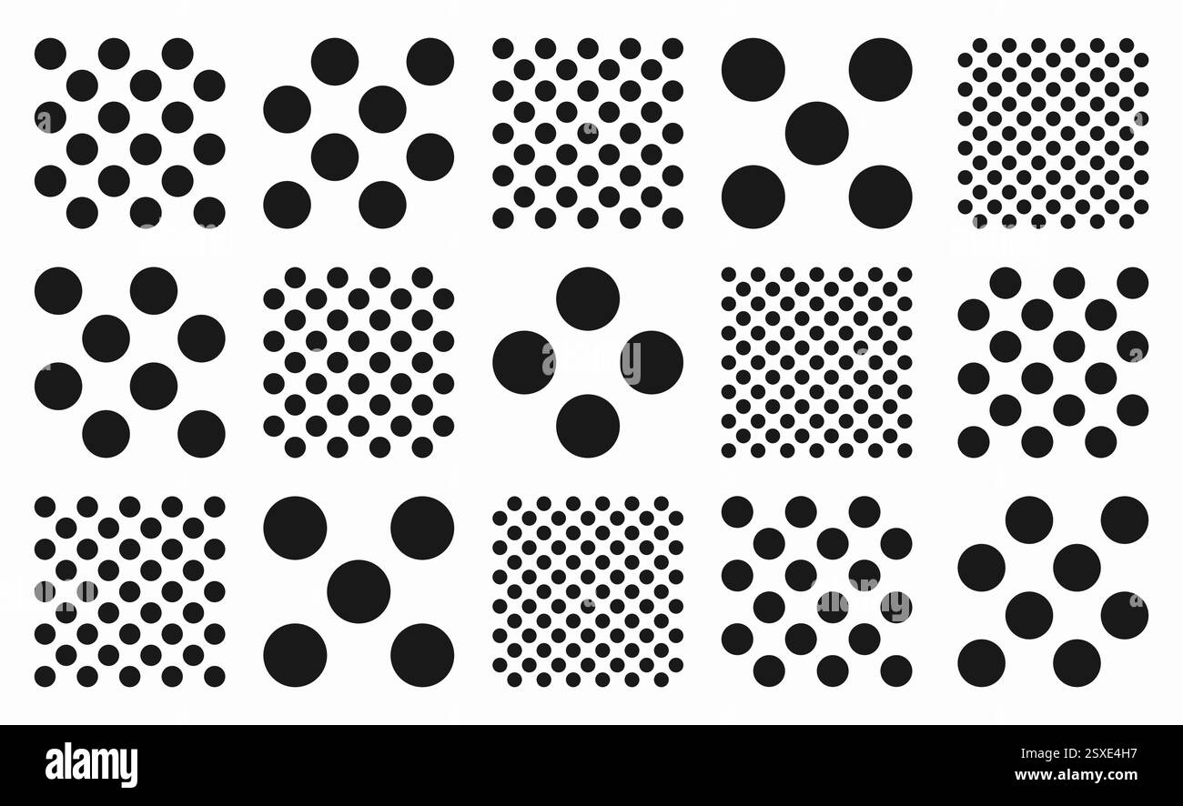 Set aus schwarzen, nahtlosen Punktmustern. Runde Kreisformen im Memphis-Stil, ideal für moderne Hintergründe und Tapeten. Geometrische Vektorkonstruktion mit Stock Vektor