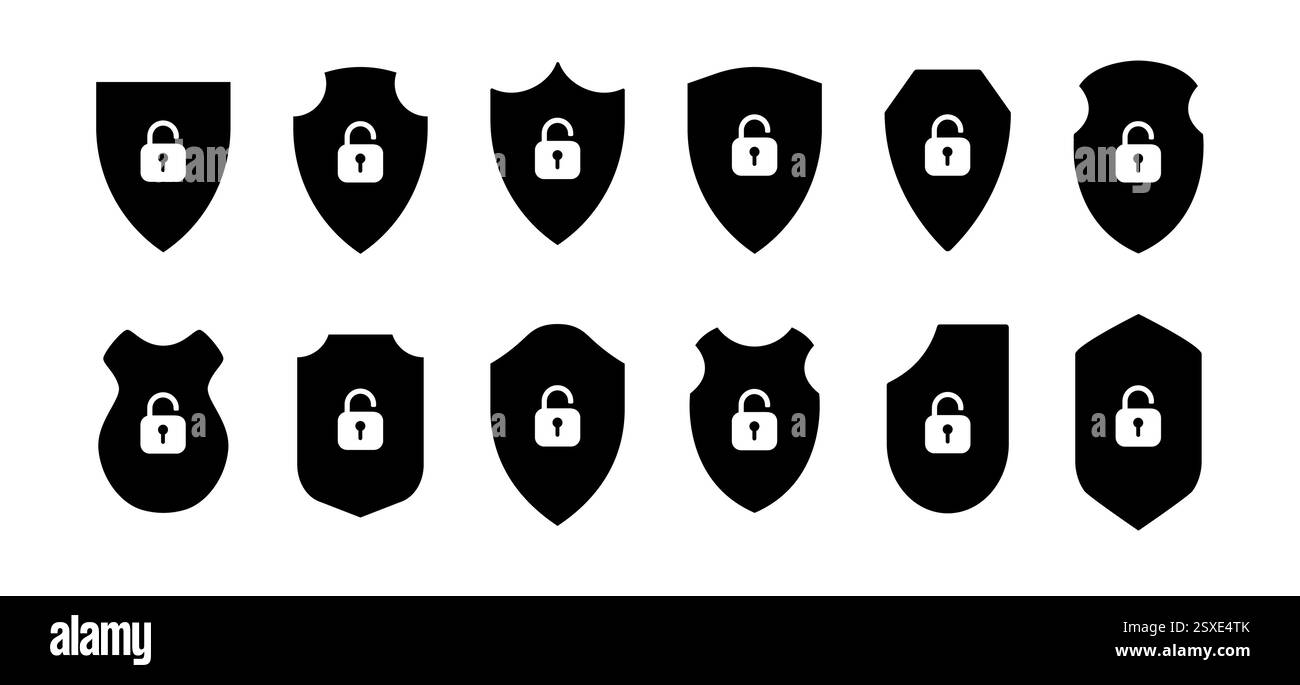 Satz von Schildsymbolen mit Vorhängeschloss-Symbolen in Schwarz-weiß. Diese Kollektion bietet Vektorschildformen mit Verriegelungselementen, die sich ideal für Sicherheit eignen Stock Vektor