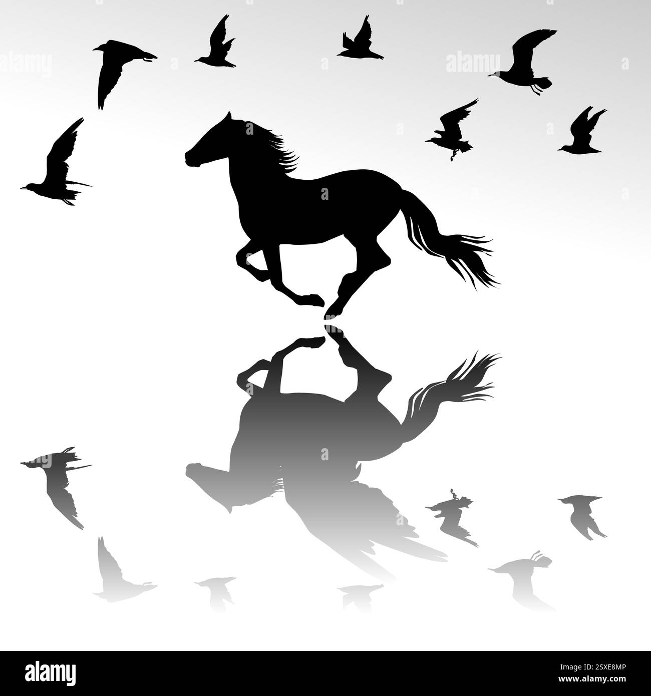 Silhouette eines Pferdes, umgeben von fliegenden Vögeln, die sich vorstellen, dass es Flügel hat und mit den Vögeln fliegt Stock Vektor