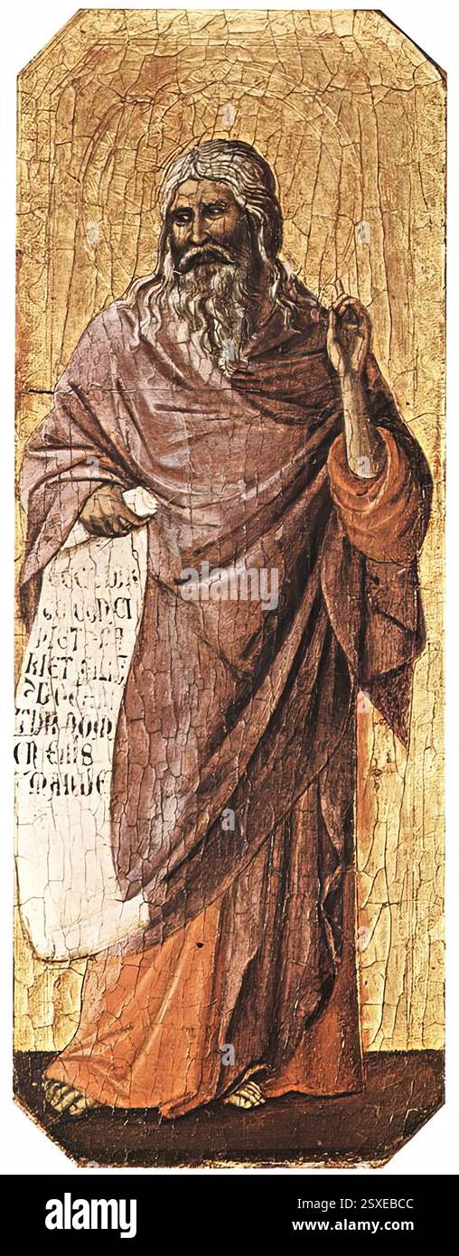 DUCCIO di Buoninsegna (* ca. 1255, Siena, d. 1319, Siena) Jesaja 1308-11 Tempera auf Holz, 43,5 x 16 cm National Gallery of Art, Washington die Statuen an der Fassade der Kathedrale wurden als die wahrscheinlichsten Modelle für die Figuren der Propheten identifiziert. Trotz ihrer geringen Größe behalten sie einen feierlichen Aspekt bei, und die Linearität der Kontur wird durch den glänzenden Goldgrund verstärkt. Die Worte, die auf der Schriftrolle des Engels geschrieben sind, sind leider unleserlich, aber der Prophet Jesaja kann gelesen werden: „Ecce virgo konzepiet et pariet filium et vocabitur nomen eius Emmanuel (Jesaja 7, 14: And Stockfoto