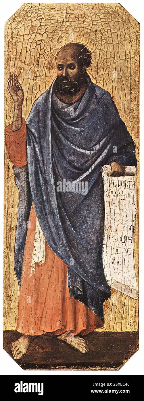 DUCCIO di Buoninsegna (* ca. 1255, Siena, d. 1319, Siena) Ezekiel 1308-11 Tempera auf Holz, 43,5 x 16 cm National Gallery of Art, Washington die Statuen an der Fassade der Kathedrale wurden als die wahrscheinlichsten Modelle für die Figuren der Propheten identifiziert. Trotz ihrer geringen Größe behalten sie einen feierlichen Aspekt bei, und die Linearität der Kontur wird durch den glänzenden Goldgrund verstärkt. Ezekiels Schriftrolle lautet: "Porta haec clausa erit; non aperietur, et vir non transibit per eam" (Hesekiel 44, 2: Dieses Tor soll geschlossen bleiben: Es darf nicht geöffnet werden, und niemand darf durch es hindurchgehen). Stockfoto