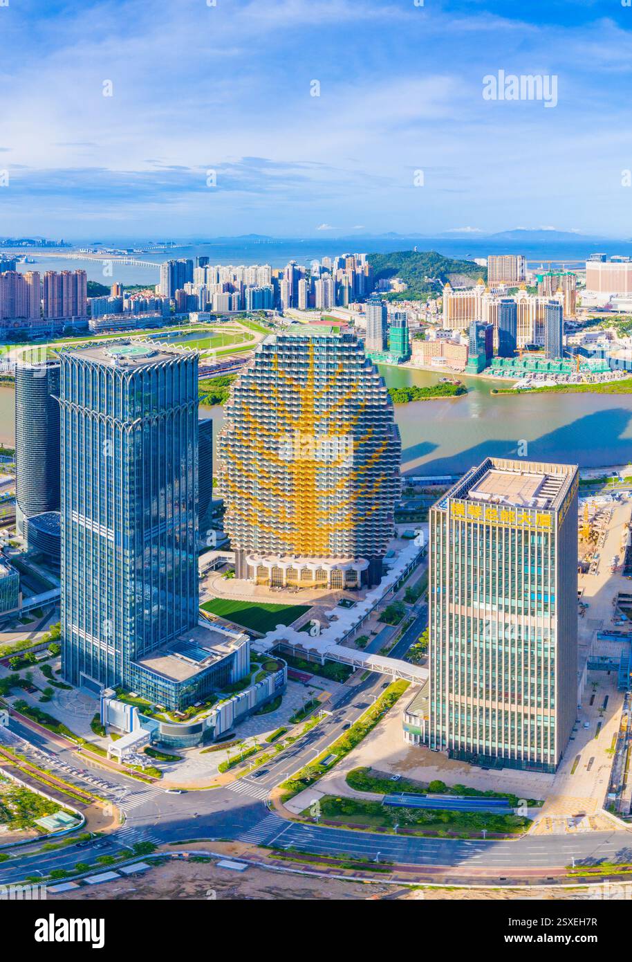 Luftkulisse der Hengqin Freihandelszone in Macau und Zhuhai, China Stockfoto