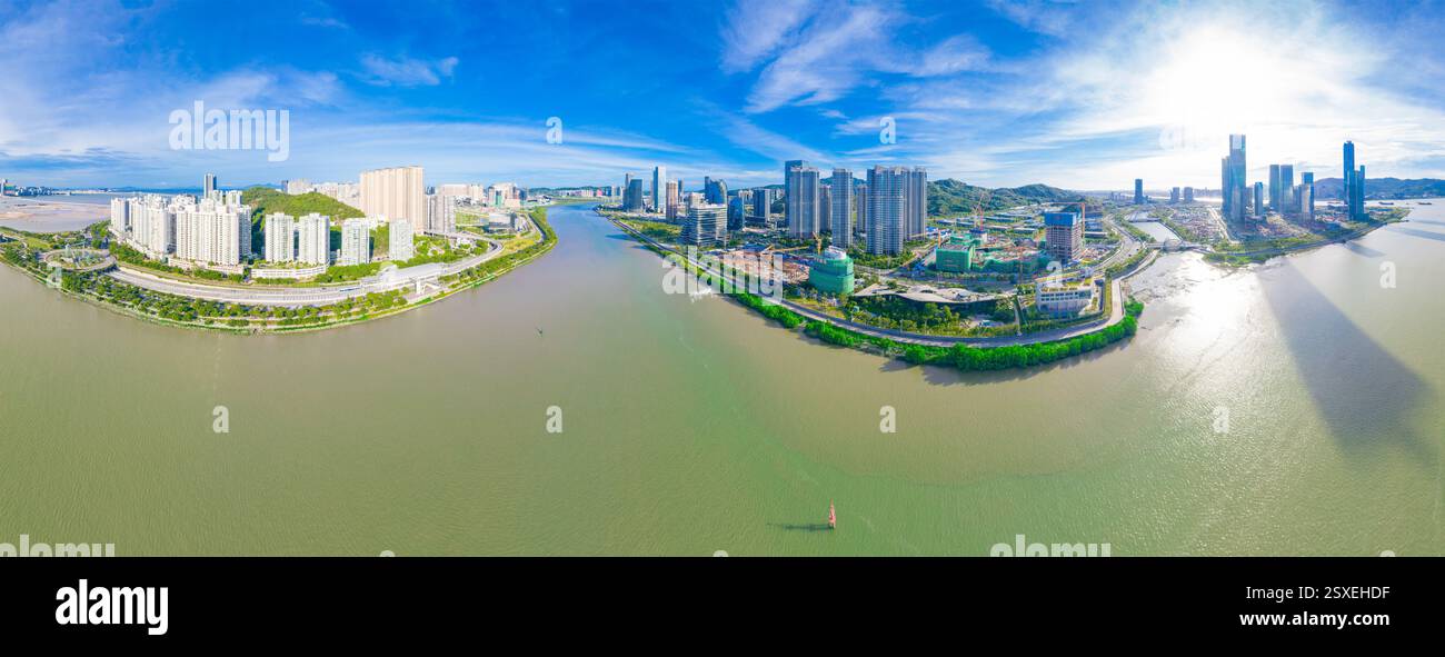 Luftkulisse der Hengqin Freihandelszone in Macau und Zhuhai, China Stockfoto