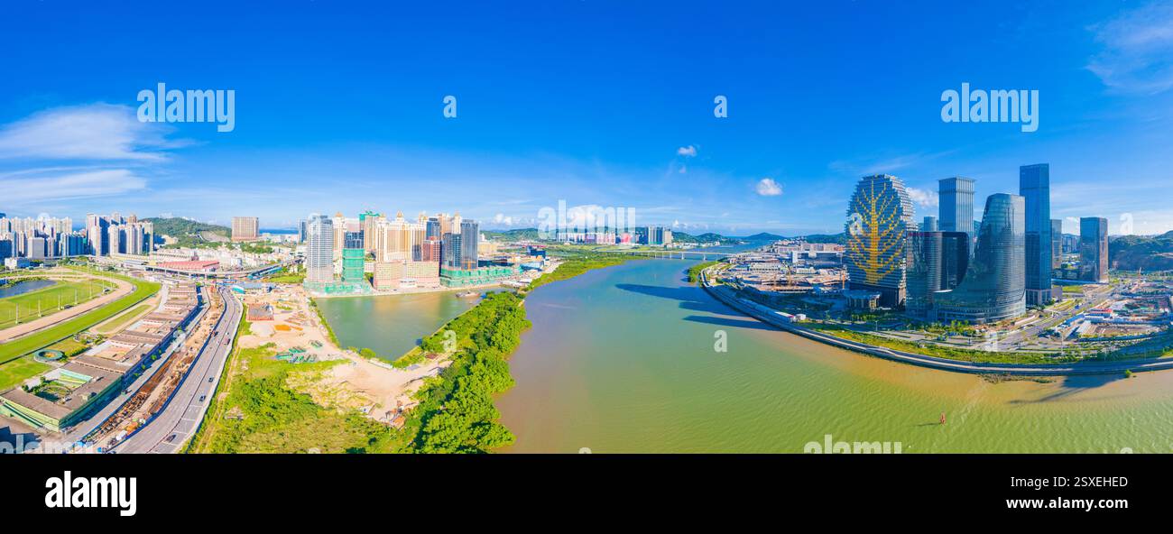 Luftkulisse der Hengqin Freihandelszone in Macau und Zhuhai, China Stockfoto