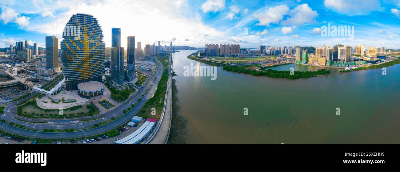 Luftkulisse der Hengqin Freihandelszone in Macau und Zhuhai, China Stockfoto