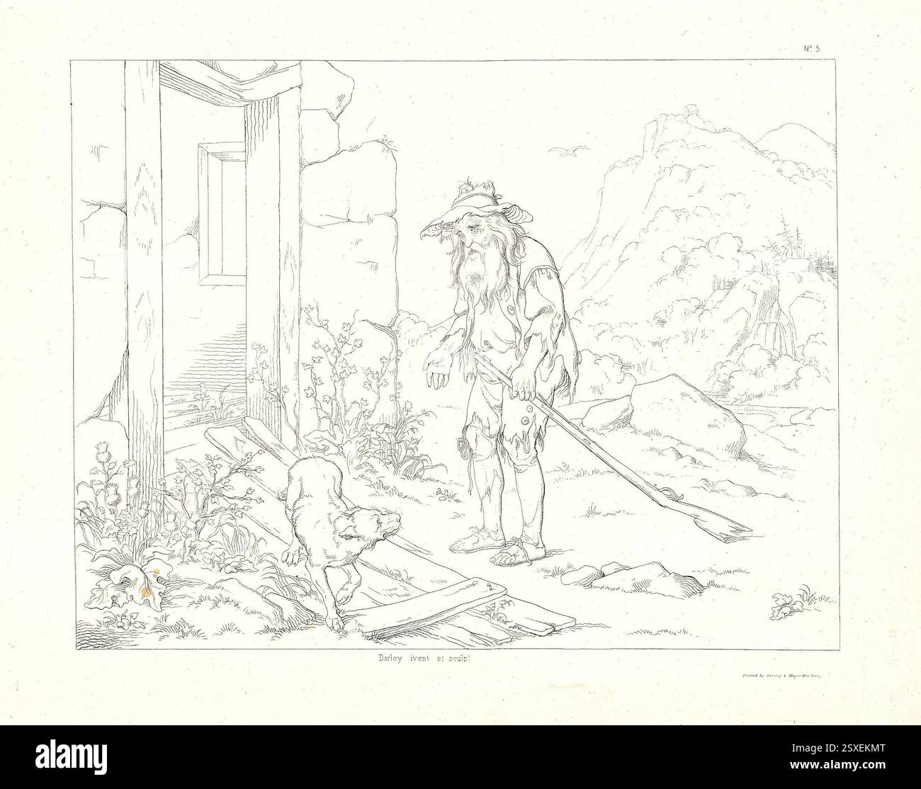 Darleys Lithografien illustrieren Washington Irvings *Rip Van Winkle*, eine Geschichte über einen Niederländisch-amerikanischen Mann, der 20 Jahre lang einschläft und zu einem veränderten postrevolutionären Amerika erwacht. Die Abdrücke erfassen wichtige Momente, von Rips untäglichem Verhalten über seine Interaktion mit mythischen Figuren in den Catskills bis hin zu seiner Rückkehr nach Hause, um sein Dorf in Ruinen zu finden. Stockfoto