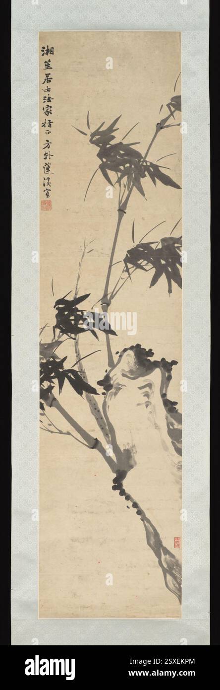 Dieses Werk von Chen ran, einem Künstler der Qing-Dynastie, stellt Bambus in einer einfachen, aber eleganten Komposition dar. Die Verwendung von Tinte auf Papier demonstriert die geschickte Wiedergabe natürlicher Formen durch feine Pinselstriche, die typisch für die chinesische Landschaftsmalerei sind. Stockfoto