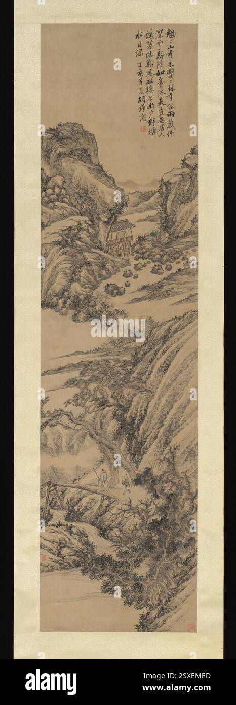 Diese Landschaft von Hu Zhang aus dem Jahr 1887, die mit Tinte und Farbe auf Papier erstellt wurde, veranschaulicht die traditionelle chinesische Malerei aus der Qing-Dynastie. Die hängende Rolle fängt eine ruhige und natürliche Szene durch feine Pinselarbeiten ein. Stockfoto