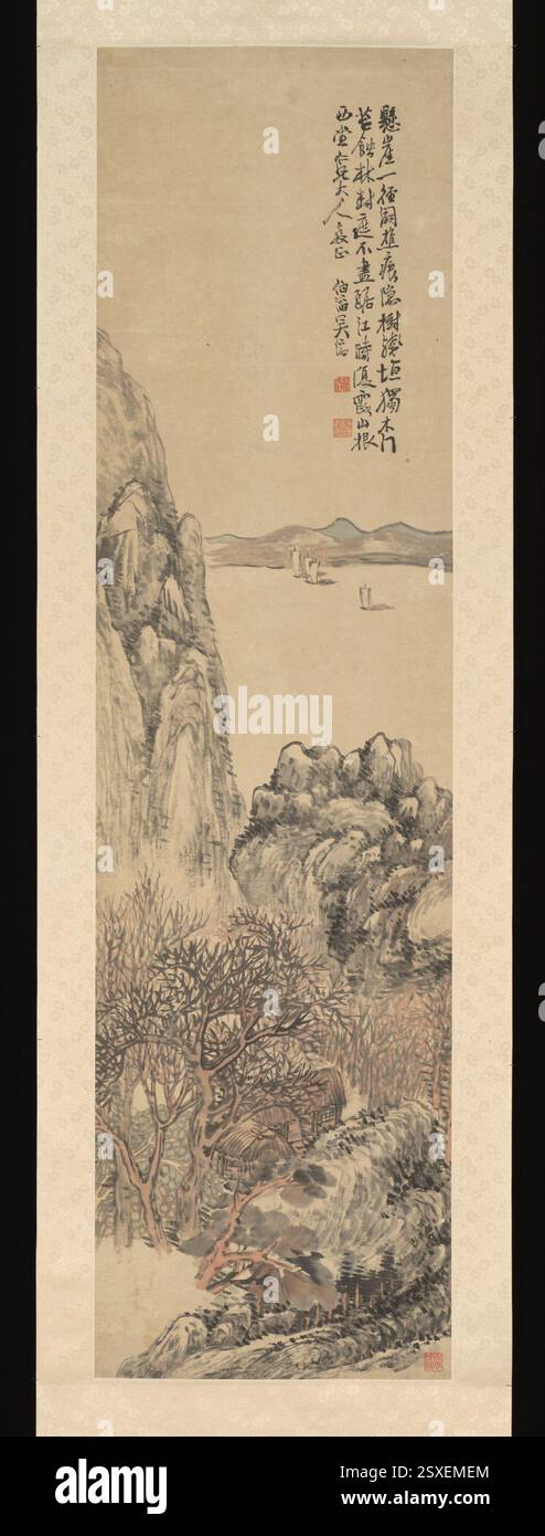 Dieses Landschaftsgemälde von Wu Tao, das während der Qing-Dynastie entstanden ist, zeigt traditionelle chinesische Tusche- und Farbtechniken. Die Künstlerin zeigt geschickt mit zarten Pinselstrichen eine ruhige Naturszene, die den raffinierten künstlerischen Stil der Zeit verkörpert. Stockfoto