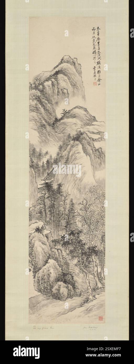 Dieses chinesische Landschaftsgemälde von Gu Yun, das während der Qing-Dynastie geschaffen wurde, zeigt eine ruhige natürliche Umgebung. Der Künstler setzt traditionelle Tuschentechniken ein, um Tiefe und Balance zu schaffen und die Schönheit der Natur im chinesischen künstlerischen Stil zu demonstrieren. Stockfoto