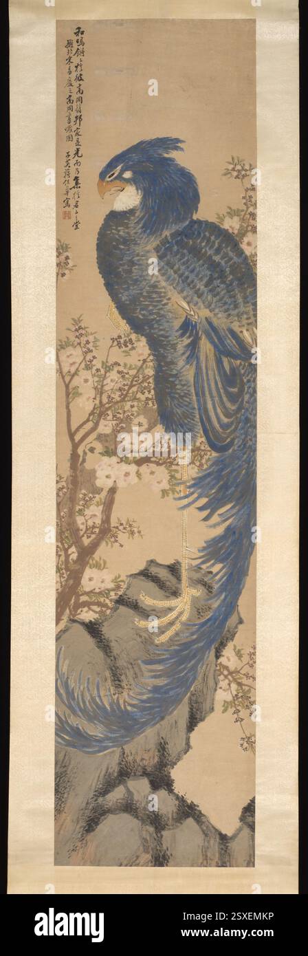 Blauer Phoenix, Jiang Baohua, China, Ende des 19. Bis Anfang des 20. Jahrhunderts, hängende Rolle, Tinte und Farbe auf Papier, traditionelle chinesische Malerei, mythischer Vogel, phoenix-Symbolik, blaue Farbpalette, lebendige Darstellung, chinesische Folklore, künstlerische Symbolik, Einfluss der Qing-Dynastie, klassische chinesische Pinselarbeiten, Tinte auf Papier, dynamische Komposition, mythische Kreaturen, alte chinesische Kultur, bunte Kunst, Kulturerbe, künstlerische Interpretation, traditionelle chinesische Malerei, Einfluss der Qing-Ära, detailliertes Design, schöne Kunst, symbolischer Vogel, Vogel der Wiedergeburt, chinesische Mythologie, lebendige Farben, Pinselmalerei, Kunst Stockfoto