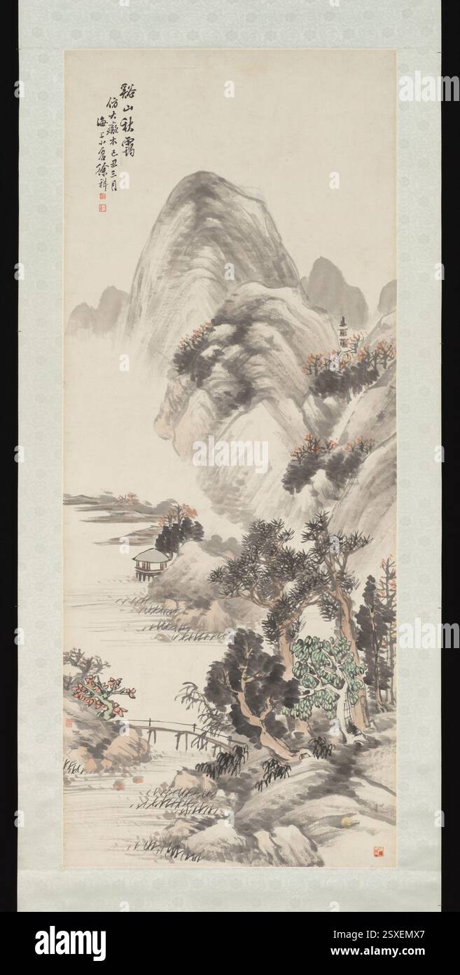 Dieses Landschaftsgemälde von Xu Xiang aus dem Jahr 1889, das während der Qing-Dynastie entstand, verwendet Tinte und Farbe, um eine ruhige natürliche Szene darzustellen. Die hängende Rolle ist ein Beispiel für traditionelle chinesische Landschaftskunst aus dieser Zeit. Stockfoto