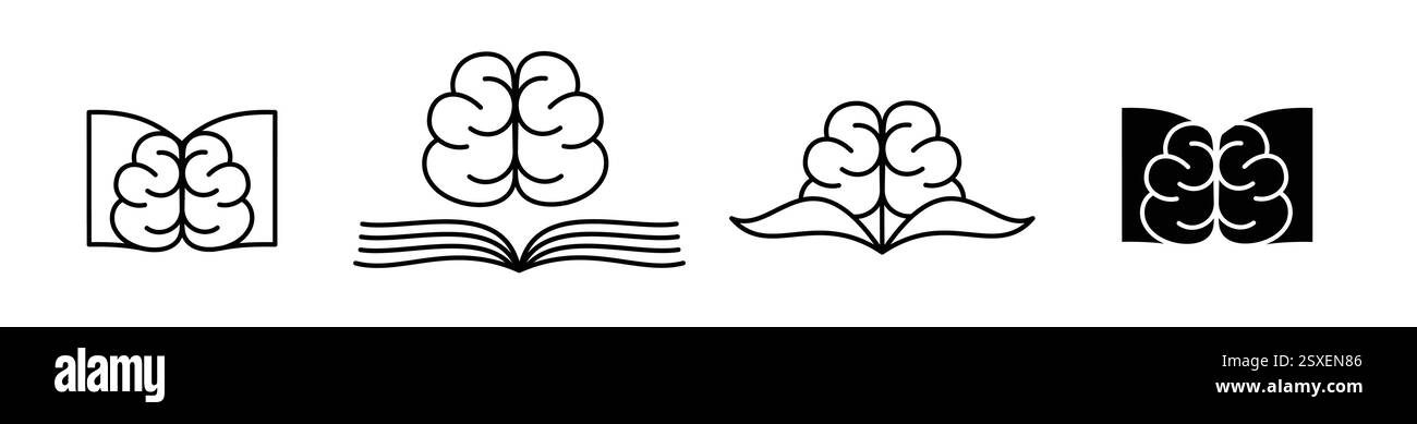 Das Logo-Set enthält eine Sammlung minimalistischer Symbole, die Elemente wie Bücher, Gehirn und Blätter kombinieren. Stock Vektor