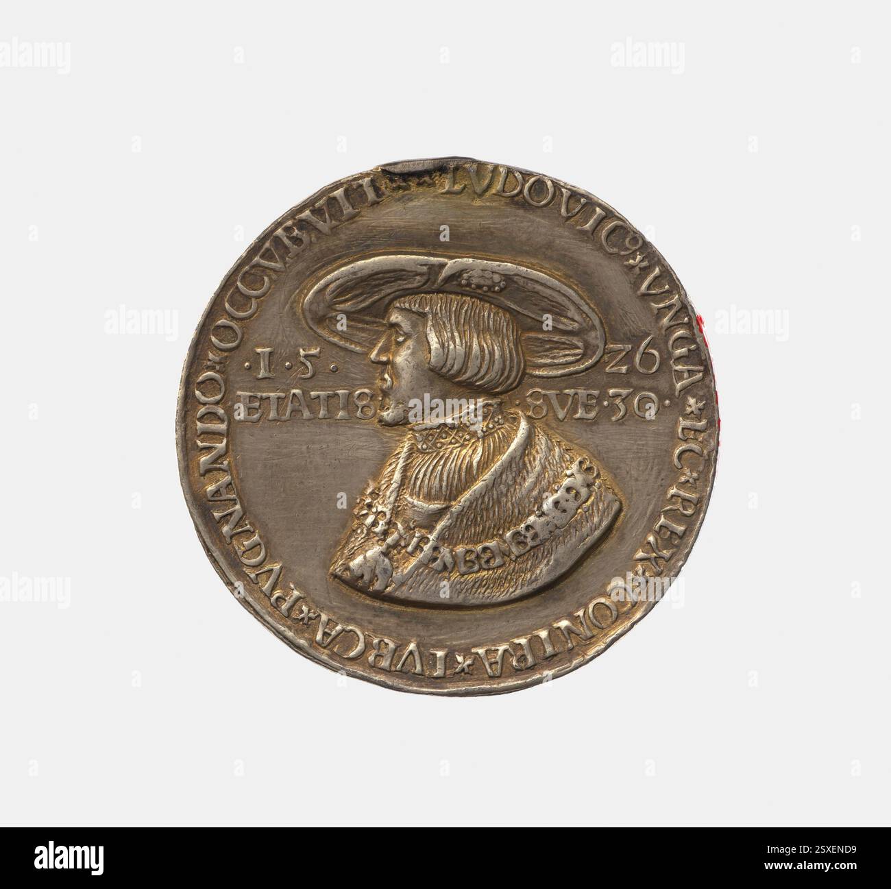 Ein silbernes Medaillon aus dem Jahr 1526, das Ludwig II., König von Ungarn, und seine Frau Maria darstellt, geschaffen von Michael Hohenauer mit alter Feuervergoldung. Stockfoto