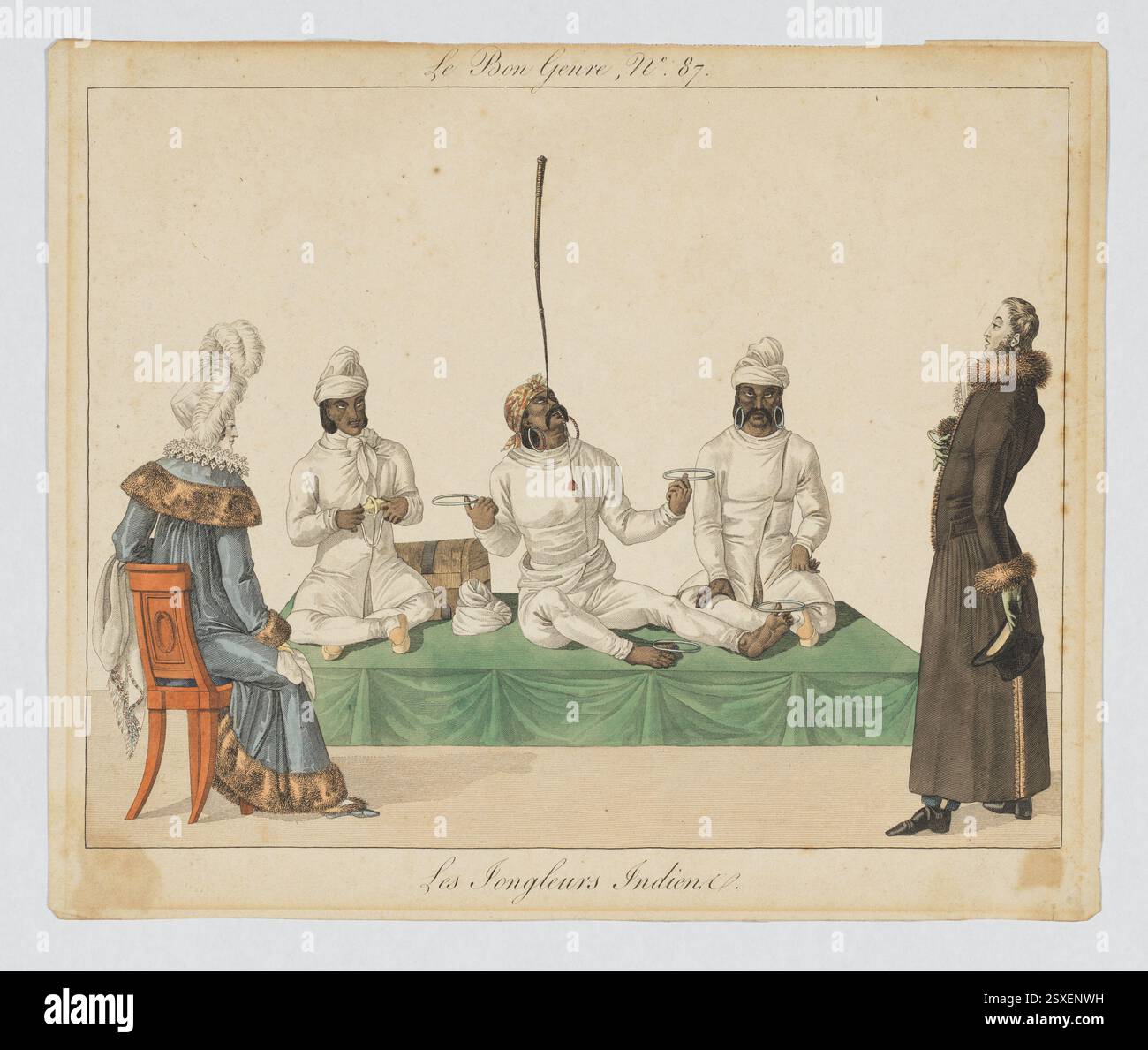 Les Jongleurs Indiens stellt drei indische Jongleure dar, die für ein europäisches Paar auftreten und Akrobatik, Ringspinnen und Rohrbalancierung zeigen. Der Druck erinnert an Aufführungen einer Truppe aus Kalkutta in London im Jahr 1816. Stockfoto