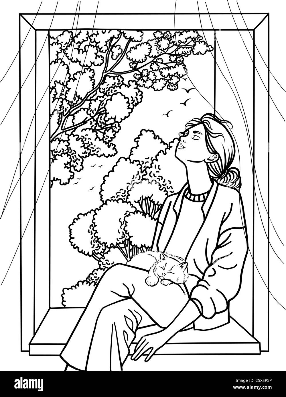 Frühlingsausmalseite mit Mädchen am offenen Fenster Stock Vektor
