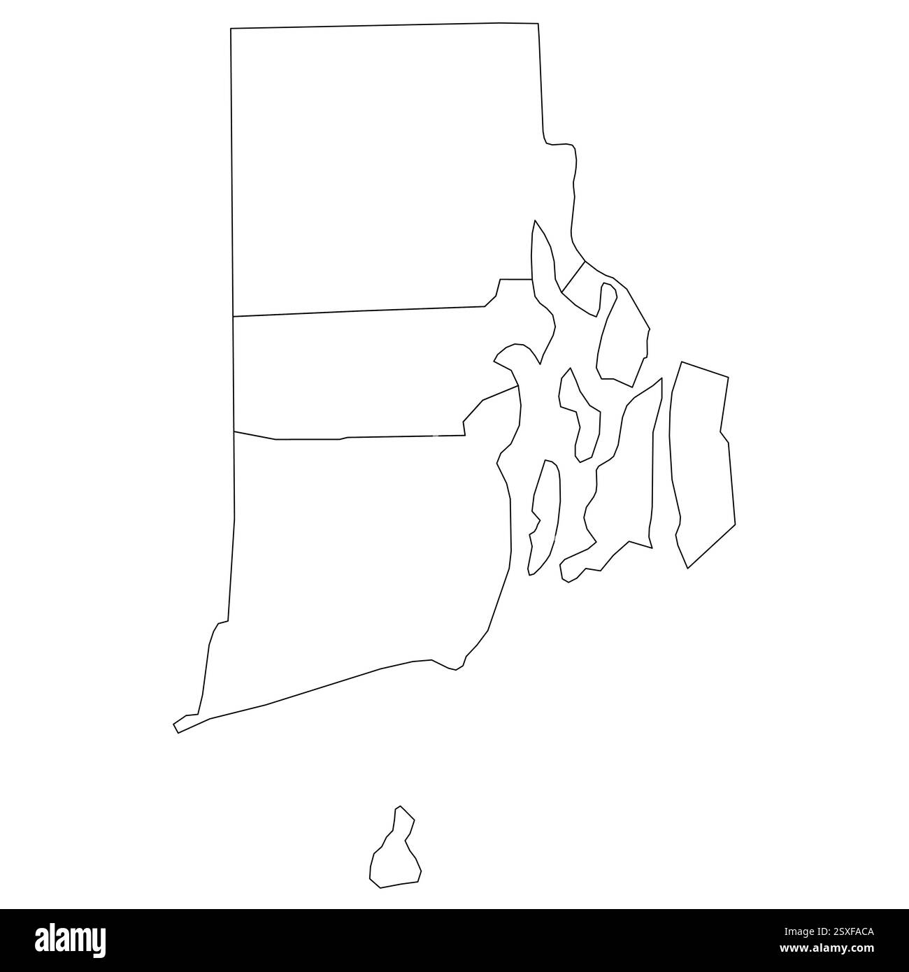 Rhode Island, RI – detaillierte politische Karte des US-Bundesstaates. Administrative Karte unterteilt in Bezirke. Dünne leere schwarze Umrisskarte. Vektorabbildung Stock Vektor