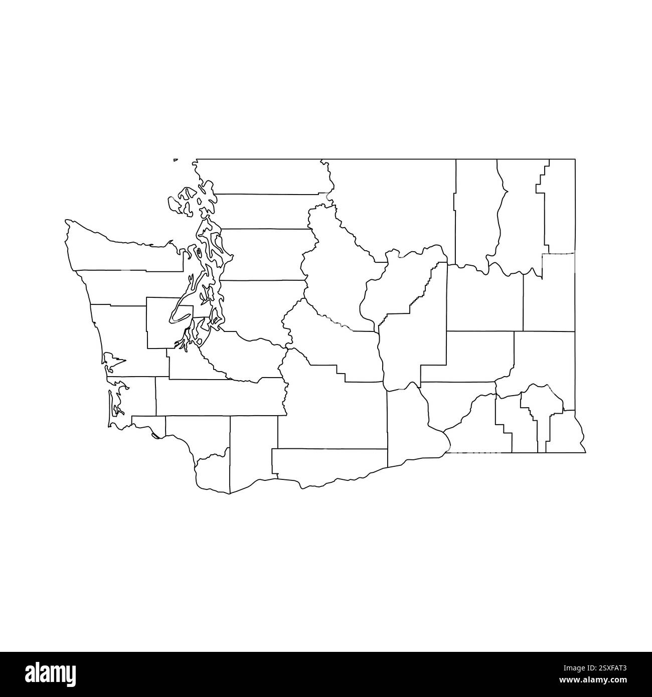 Washington, WA - detaillierte politische Karte des US-Bundesstaates. Administrative Karte unterteilt in Bezirke. Dünne leere schwarze Umrisskarte. Vektorabbildung Stock Vektor