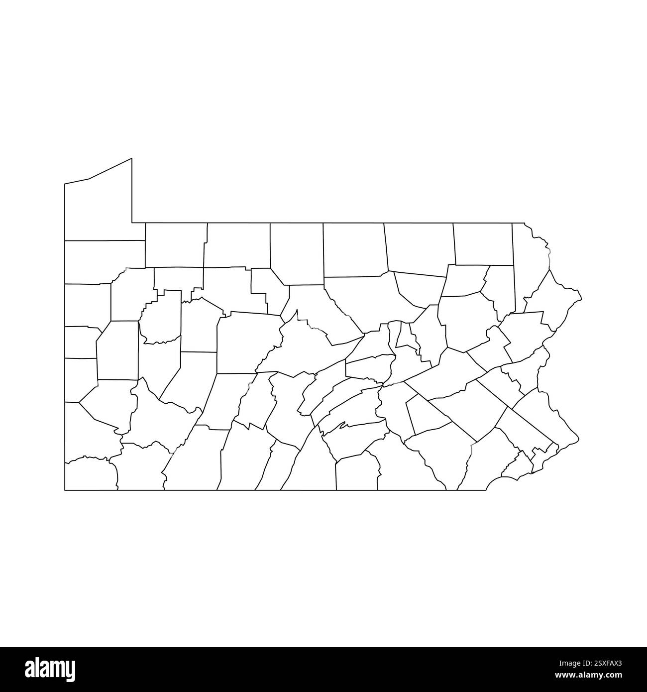 Pennsylvania, PA – detaillierte politische Karte des US-Bundesstaates. Administrative Karte unterteilt in Bezirke. Dünne leere schwarze Umrisskarte. Vektorabbildung Stock Vektor