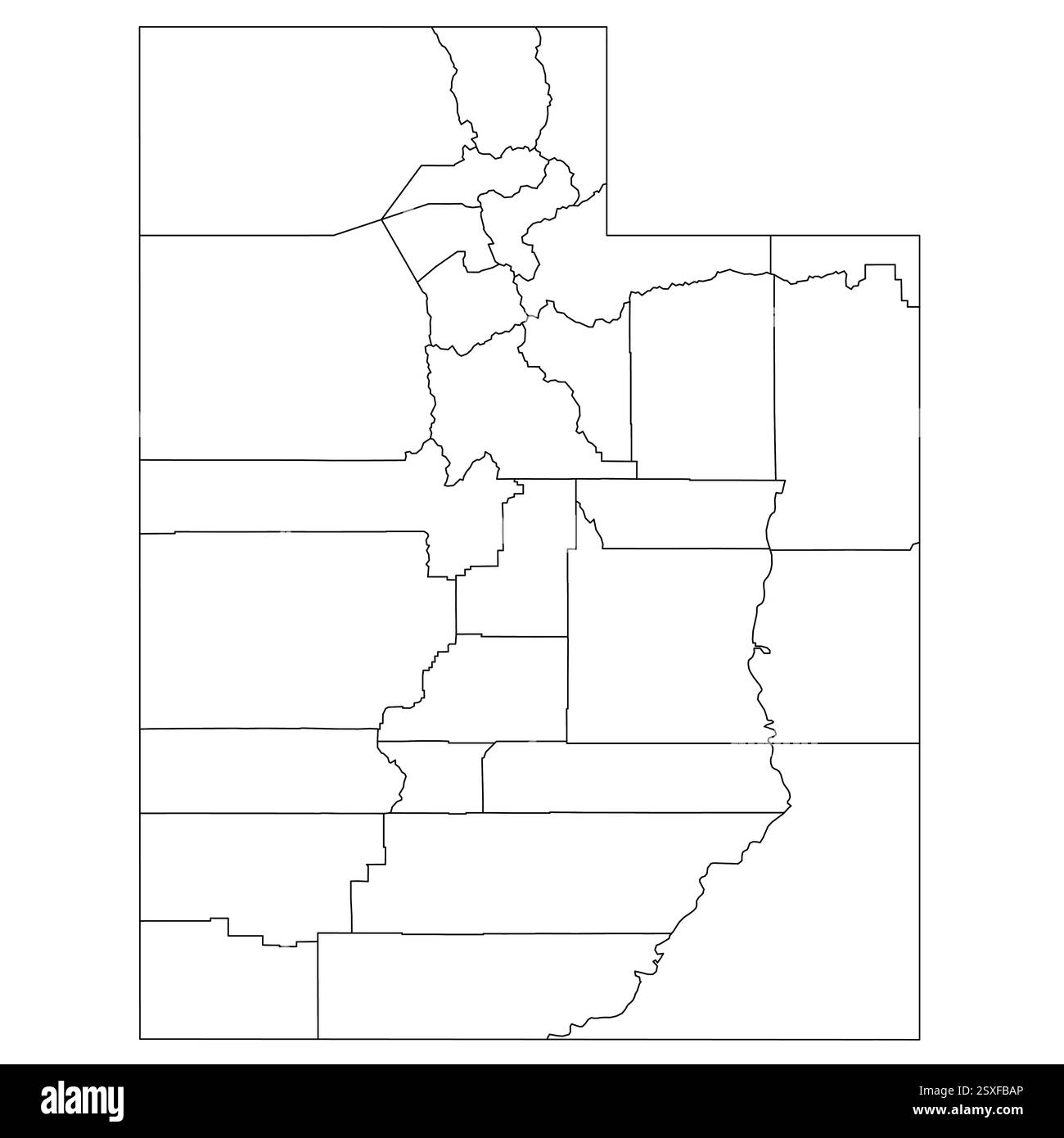 Utah, UT - detaillierte politische Karte des US-Bundesstaates. Administrative Karte unterteilt in Bezirke. Dünne leere schwarze Umrisskarte. Vektorabbildung Stock Vektor