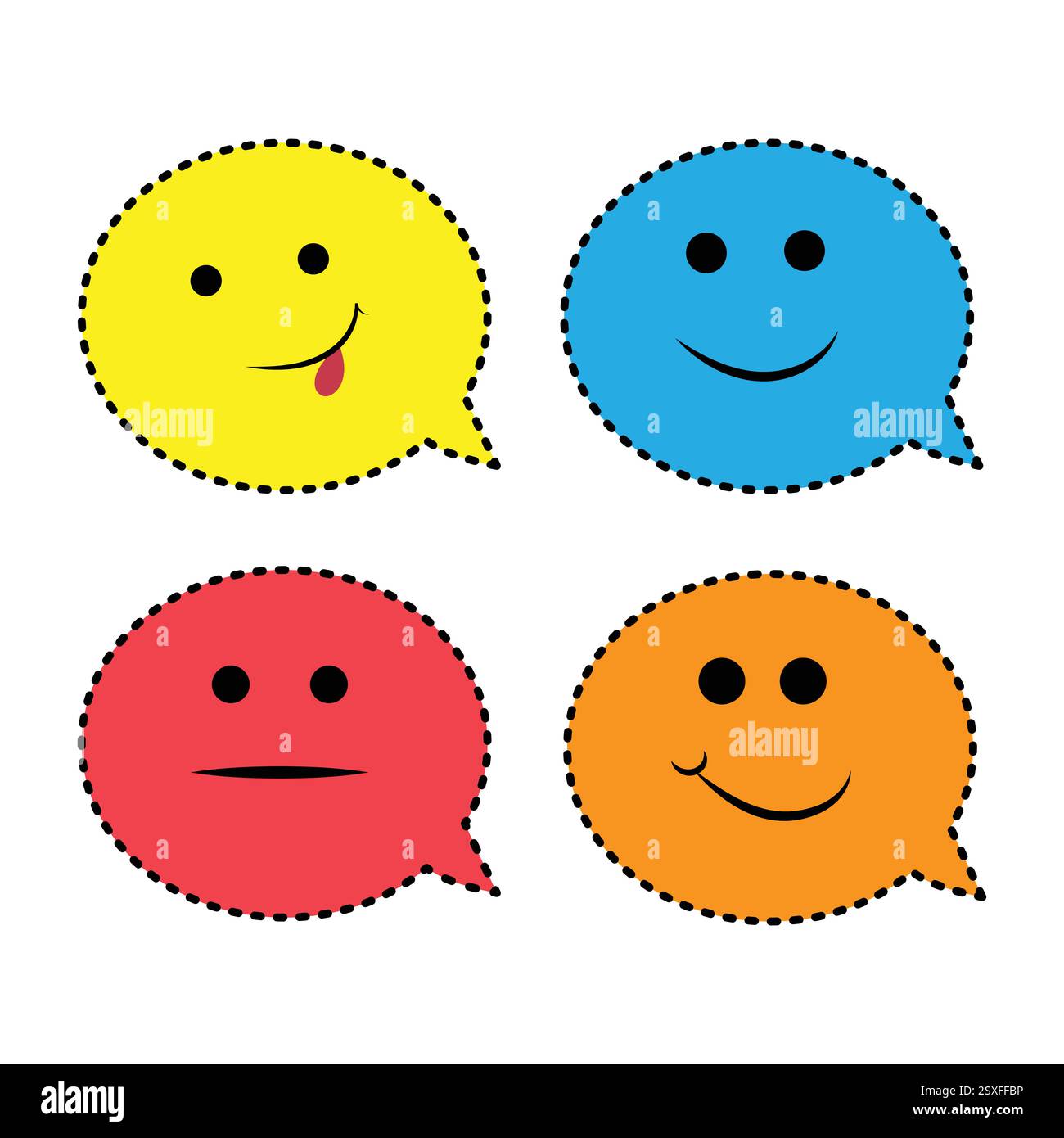 Niedliches Emoji-Sprach-Bubble-Sticker-Set. Bunte Chat-Bubble-Gesichter mit lustigen Ausdrücken. Digitaler druckbarer Vektor für soziale Medien, Nachrichten und Dekor Stock Vektor
